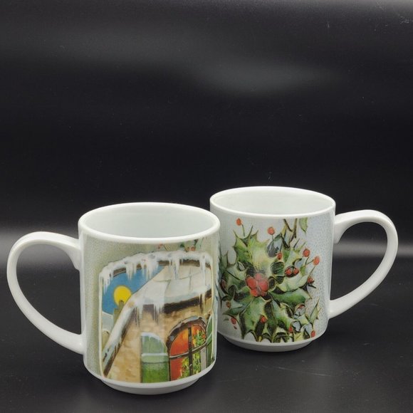 Pottery Barn set (2) Holidays Ceramic Coffee Mug Nostalgic Holly Christmas new - Picture 1 of 6